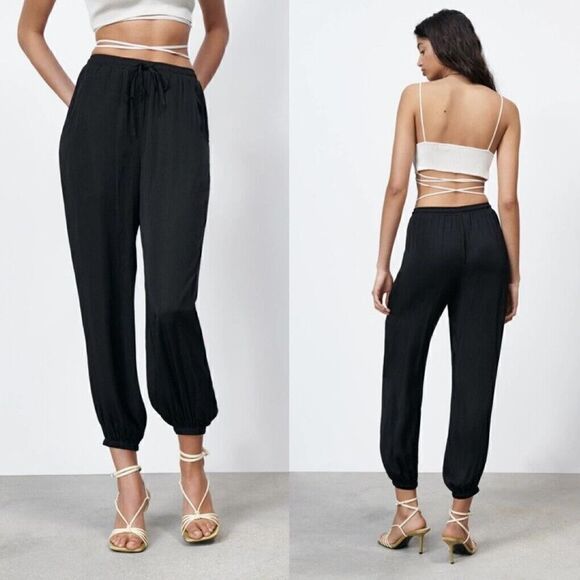 ZARA Satin Jogger Pull On Pants WOMENS S Black Elastic Waist High Rise Pockets - Picture 1 of 5